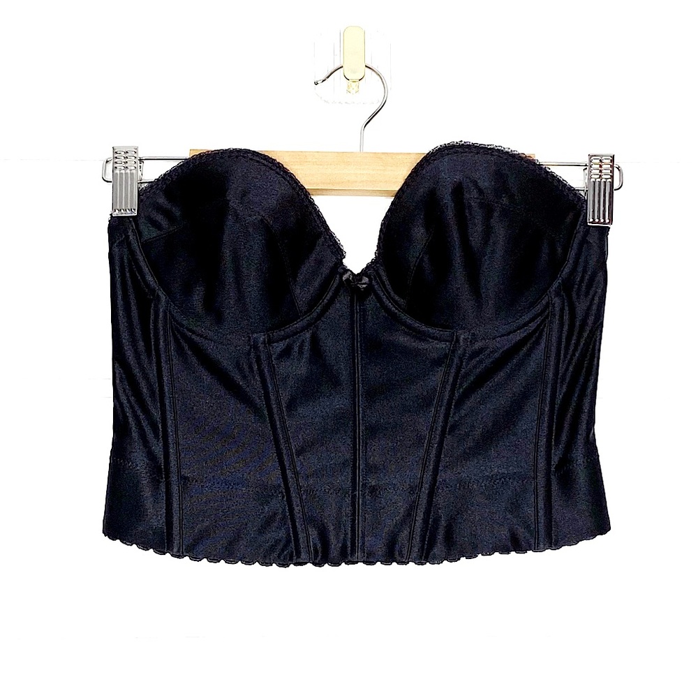Vintage Longline Black Satin Low Back Bustier Size 34B